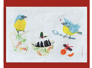 Christmas tea towel featuring Yellow Robins
