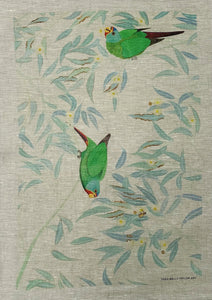 100% linen tea-towel: Swift Parrots