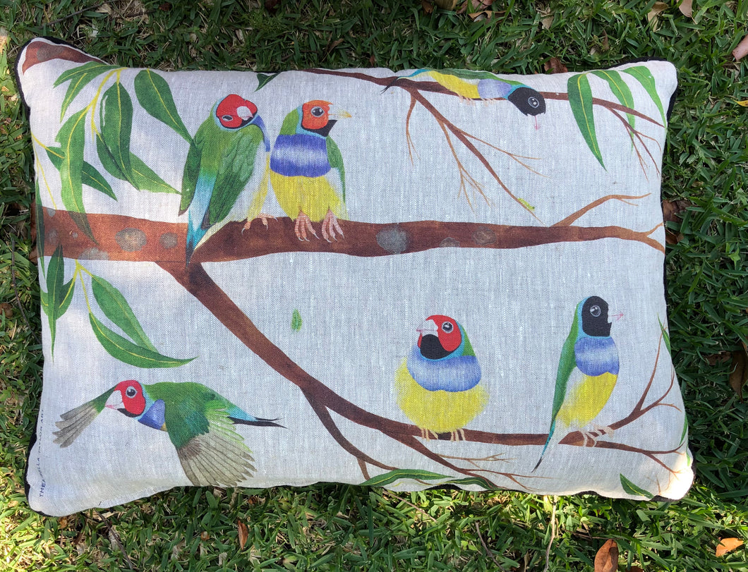 100% linen cushion - Gouldian Finches