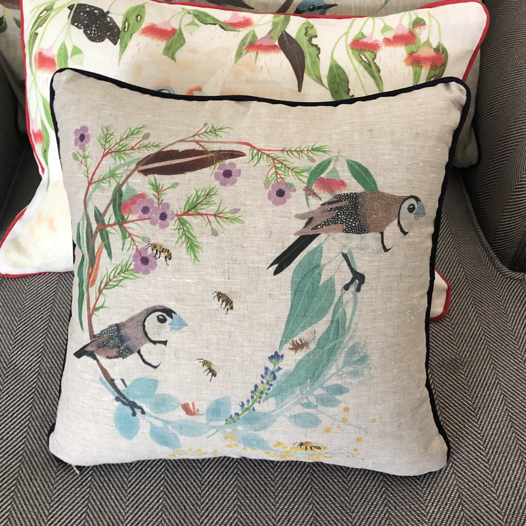 100% linen cushion - native wreath with finches