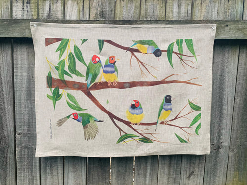 100% linen tea-towel: Gouldian Finches