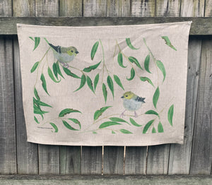 100% linen art tea-towel - Pardalotes