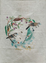 Load image into Gallery viewer, 100% linen tea towel - wreath of birds and flowers