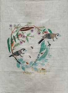 100% linen tea towel - wreath of birds and flowers
